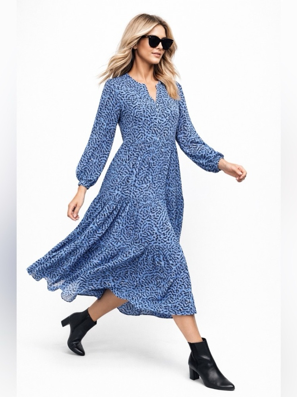 Zara The Angel Dress Blue Abstract Tiered Midi Dress Long Sleeves Flowy Boho